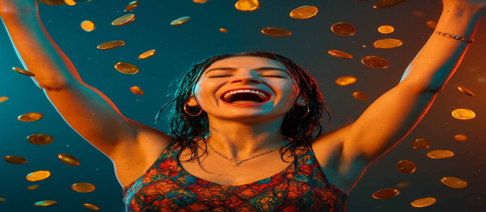 মুদ্রার ঝরনার মাঝে রঙিন পোশাকে একজন নারী